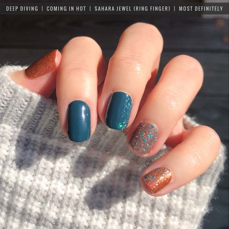 Teal and burnt orange. Used: Deep Diving, Coming In Hot, Sahara Jewel (ring finger), Most Definitely Teal And Burnt Orange Nails, Teal And Orange Fall Nails, Orange Teal Nails, Fall Teal Nails, Color Street Fall Nails, Teal And Orange Nails, Teal Fall Nails, Teal And Burnt Orange, Color Street Fall