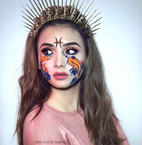 Hira Ayub Sheikh on Instagram: “♓️ PISCES ♓️. February 20- March 20 . Zodiac Series: 3/12. . About Pisces: . ☑️Compassionate. ☑️Selfless. ☑️Joyful. ☑️Artistic.…” Pices Zodiac Makeup, About Pisces, Zodiac Makeup, Abstract Makeup, Pisces February, Birthday Makeup, Sfx Makeup, March 20th, Halloween Makeup Looks