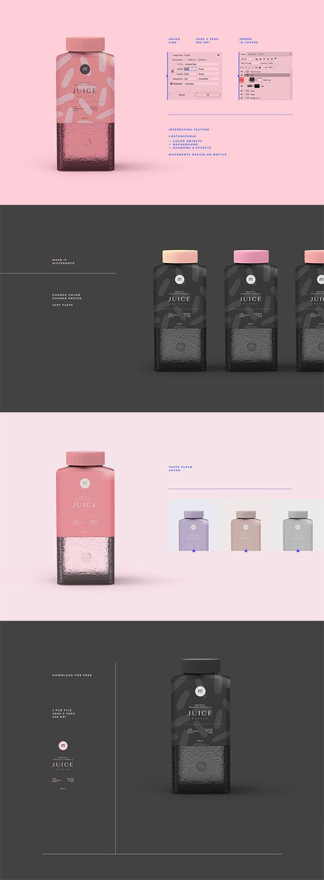 Free #Juice #Bottle #Mockups is a lovely mockup coming from Minton Studio. It comes in PSD with hi-res of 4000×3000 px at 300 DPI. It was made for you to use it in your professional showcasing of design projects or whatever you like. via @creativetacos Graphic Design Mockup, Logo Design Mockup, Bottle Design Packaging, Juice Bottle, Project Presentation, Packaging Designs, Wine Packaging, Chocolate Packaging, Packing Design