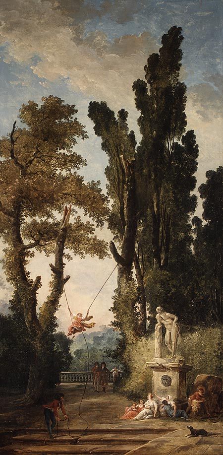 Hubert Robert (French, 1733–1808). The Swing, 1777–79. The Metropolitan Museum of Art, New York. Gift of J. Pierpont Morgan, 1917 (17.190.27) | The image of a woman swinging back and forth on a swing has explicit sexual overtones and is typical of garden scenes in the early eighteenth-century French fêtes galantes tradition, to which Robert's painting belongs. Hubert Robert, Art Amour, Pierre Auguste Renoir, Art Et Illustration, The Swing, Caravaggio, Gustav Klimt, Andy Warhol, Henri Matisse