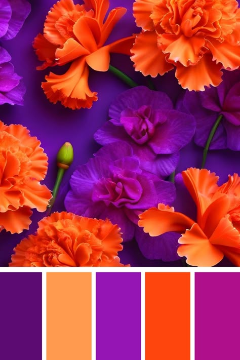 A striking combination of deep purples and vibrant oranges, blending seamlessly to create a bold and energetic palette. The purple tones add a sense of mystery and depth, while the bright oranges bring warmth and vibrancy, making the palette both dramatic and visually captivating. Dramatic Colour Palette, Purple Orange Branding, Shades Of Purple Colour Palettes, Fuschia Color Combinations, Colors To Pair With Purple, Orange And Purple Color Palette, Purple And Red Color Palette, Purple Complimentary Colors, Orange Purple Color Palette