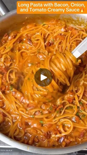 1.2K views · 114 reactions | Long Pasta with Bacon, Onion, and Tomato Creamy Sauce
Ingredients:
-12 oz (340g) long pasta (spaghetti, linguine, or fettuccine)
-6 slices bacon, chopped
-1 teaspoon chili paste dash of wine
-1 medium onion, finely diced
-3 cloves garlic, minced
-1 can (14.5 oz) diced tomatoes, drained
-1/2 cup heavy cream
-1/4 cup grated Parmesan cheese
-Salt and pepper, to taste
-Fresh basil or parsley, chopped (for garnish)

Instructions:
1. Cook the Pasta: Bring a large pot of salted water to a boil. Cook the pasta according to package directions until al dente. Drain and set aside, reserving 1/2 cup of pasta water.
2. Cook the Bacon: In a large skillet over medium heat, cook the chopped bacon until crispy. Remove the bacon with a slotted spoon and set aside, leaving the ba Boil Cook, Long Pasta, Pasta With Bacon, Pasta Spaghetti, Pasta Water, Bacon Pasta, Slotted Spoon, Diced Tomatoes, Chili Paste