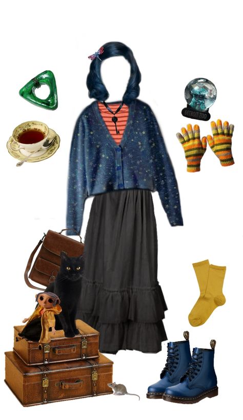 Coraline Jones Outfit, Coraline Clothes Aesthetic, Trinketcore Outfit, Coraline Outfit Ideas, Coraline Outfit Aesthetic, Coraline Fashion, Coraline Aesthetic Outfit, Coraline Clothes, Tim Burton Inspired Outfits