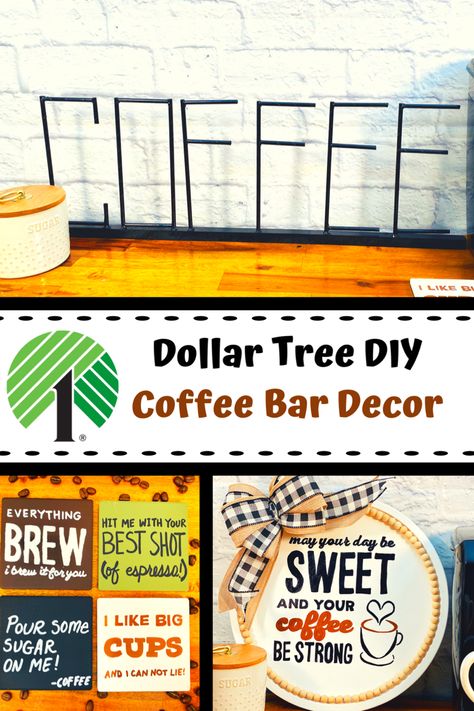 Make these cute and affordable coffee bar decor items with Dollar Tree products! #dollartreediy #coffeebar #farmhousecoffeebar  #farmhousekitchen #dollartree #dollarstorecrafts #dollartreecrafts #coffeelove Dollar Tree Coffee Bar, Dollar Tree Coffee Bar Ideas, Coffee Bar Ideas Diy, Bar Ideas Diy, Coffe Bar Decor, Diy Coffee Bar Ideas, Coffee Bar Organizer, Coffee Bar Ideas, Coffee Area