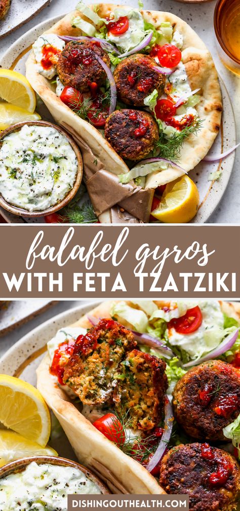 Falafel With Canned Chickpeas, Feta Tzatziki, Homemade Falafel, Greek Gyros, Gyro Recipe, Healthy Entrees, Falafel Recipe, Vegetarian Meal, Canned Chickpeas