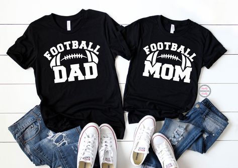 "Welcome to Maddy Paddy Designs Etsy Shop! This listing is for a Football Dad, Football Mom shirt. **PRICE IS FOR ONE SHIRT** This is a Unisex tee. Sizes are from XS to 3XL. These shirts are super soft and comfortable, it will become your favorite tee to wear. Solid Colors * 100% Cotton Athletic Heather * 90% cotton * 10% polyester Heather * 52% cotton * 48% polyester I suggest that you measure your shirt that you already own to compare sizing with the size chart in the photos. Please note that Football Shirts For Dads, Football Dad Shirts Ideas, Football Dad Shirts, Football Mom Shirts Ideas, Gameday Shirts, Sports Parent, Cute Couple Shirts, Football Shirt Designs, Senior Football