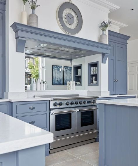 Periwinkle Blue Kitchen, Periwinkle Blue Kitchen Cabinets, Periwinkle Kitchen Cabinets, Periwinkle Kitchen, Double Island Kitchens, Sky Blue Kitchen, Blue Yellow Kitchens, Tom Howley Kitchens, Island Kitchens