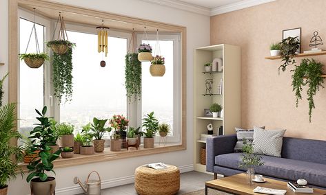 Bay Window Plants Living Room, Bay Window Ideas Plants, Hanging Plants In Bay Window, Bow Windows Ideas, Plants In Bay Window Ideas, Plants In Bay Window, Bay Window Plant Ideas, Bay Window Plant Display, Bow Window Ideas Living Room