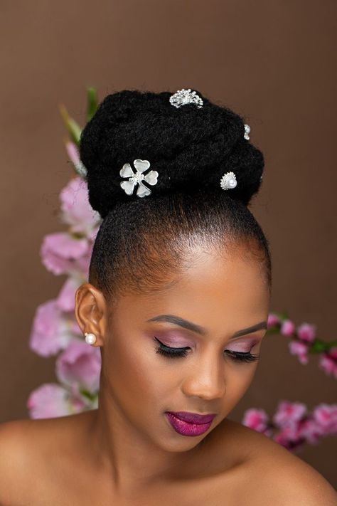 Bride Hairstyles African, Bridesmaids Hair Styles Black Women, African Bride Hairstyles Black Women, Pony Tailed Hairstyle For Black Women, Bridal Hairstyles With Natural Hair, African Bridal Hairstyles Black Women Natural Hair Brides, Natural Black Bridal Hairstyles, Wedding Hairstyles For Natural Hair Black Bride Bridal Style, Hair Styles For Bride Wedding Day