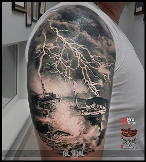 Storm Tattoo Ideas, Avenged Sevenfold Tattoo, August Tattoo, Forest Tattoo Sleeve, Nebula Tattoo, Rain Tattoo, Thigh Tattoo Men, Storm Tattoo, Lightning Tattoo