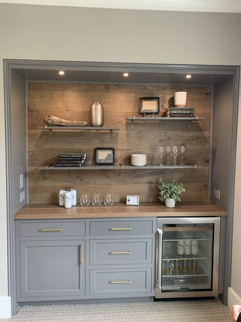 Rec Room Storage Ideas Built Ins, Butler Pantry With Floating Shelves, Wine Cabinet Ideas Built Ins Wet Bars, Beverage Station Wall, Closet Into Wet Bar, Small Bars For Basements, Wet Bar Wood Countertop, Bar Kitchenette Basement, Dry Bar Ideas For Home