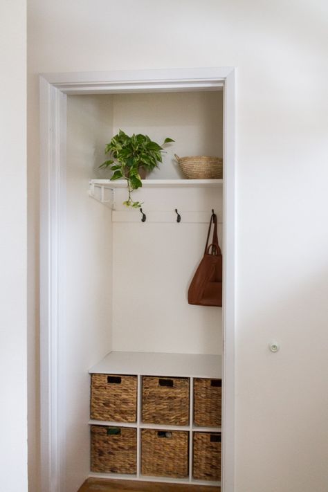 Hall Closet Made Into A Mini Mudroom - zevy joy Hall Closet Organization, Mini Mudroom, Coat Closet Ideas, Front Hall Closet, Closet Mudroom, Front Closet, Mudroom Closet, Entry Closet, Small Hall