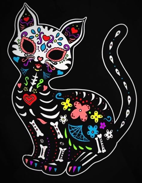 Mexican Pictures, Sugar Skull Drawing, Sugar Skull Painting, Dia De Los Muertos Decorations Ideas, Gemini Art, Sugar Skull Cat, Mexican Paintings, Day Of The Dead Skull, Black Cat Art