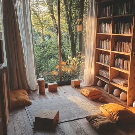 Cozy Yoga Room, Cozy Japanese Home, Japanese Library, Yoga Nook, Cozy Japandi, Zen Meditation Room, Meditation Nook, Wabi Sabi Inspiration, Mood 2024