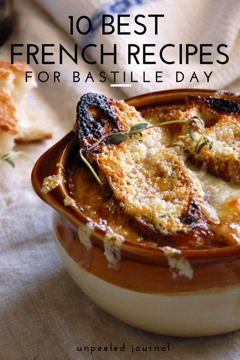 July 14 is Bastille Day, a huge celebration day in France. What better reason to make one of these authentic French recipes? From baguettes to boeuf, these patriotic, authentic French Bastille Day recipes are reason to celebrate. Here's Unpeeled's roundup of recipes that say "vive la France," like like baguette sandwiches, crêpes, boeuf bourgignon, madeleines, French onion soup, fruit tart, and more. Authentic French Recipes, French Recipes Dinner, Baguette Sandwiches, French Recipes Authentic, French Dinner Parties, French Cuisine Recipes, French Cooking Recipes, Easy French Recipes, Traditional French Recipes