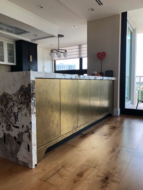 Brass Doors with Patina-Luxe Surface Design Studio/ liquid metal art Brass Cabinets, Metallic Kitchen Cabinets, Stainless Steel Kitchen Counters, Metal Interior Design, Brass Kitchen Island, Warehouse Kitchen, Metal Kitchen Cabinets, Brass Kitchen, Gold Kitchen