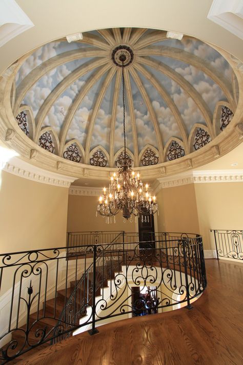 What attention to detail! Outstanding stairwell, landing and amazing dome ceiling. Ceiling Domes, Building A Porch, Dome Ceiling, Roof Architecture, Glass Roof, Salou, High Ceilings, The Ceiling, Traditional Interior