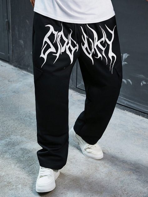 Black Casual Collar  Woven Fabric Graphic Straight Leg Embellished Slight Stretch  Men Plus Size Clothing Mens Joggers Outfit, Graphic Pant, Joggers Outfit, Gym Fits, Shein Pants, Drawstring Jogger, Men Plus Size, Y2k Clothes, Plus Size Pants