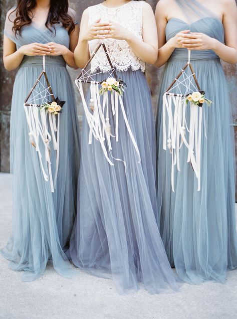 Boho brides, take note! This idea has your name written all over it. In this photo, we love how the mini dreamcatchers vibe with the flow-y bridesmaid dresses while also adding an alternative touch to an otherwise romantic look. Bouquet Alternatives, Bridesmaid Bouquet Alternatives, Alternative Bridesmaid, Dream Catcher Wedding, Wedding Ideas Unique, Alternative Wedding Bouquet, Modern Wedding Flowers, Blue Bridesmaids, Bridesmaid Flowers