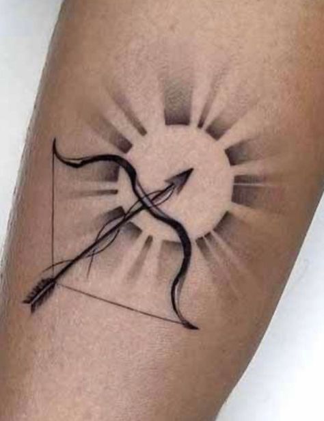 Arrow And Sun Tattoo, Greek Bow And Arrow Tattoo, Sun Arrow Tattoo, Sagittarius Tattoo Ideas, Bow And Arrow Tattoo, Archer Tattoo, New Beginning Tattoo, Sagittarius Tattoo Designs, Sagittarius Tattoo