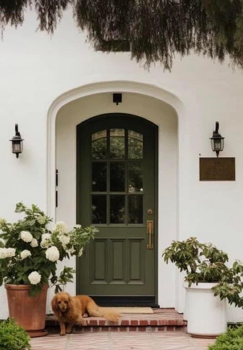 Colored Entryway Door, Portico Over Front Door, Front Door Townhouse, Green Front Door Brown House, Dark Sage Green Front Door, Narrow Front Door Entry Exterior Decor, White Brick House Green Door, White House Yellow Door, Arch Front Porch