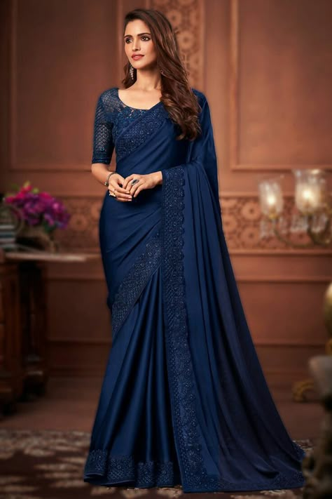 Dark Blue Saree Party Wear, Navy Blue Saree For Farewell, Navy Blue Net Saree, Navy Blue Saree Party Wear, Dark Colour Saree For Farewell, Blouse Designs For Georgette Sarees, Dark Color Saree, Royal Blue Saree Look, Dark Saree