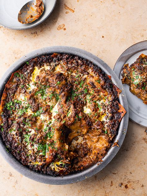 Spicy mushroom lasagne recipe | Ottolenghi Recipes Ottolenghi Flavour, Mushroom Lasagne, Yotam Ottolenghi Recipes, Spicy Mushroom, Mushroom Lasagna, Ottolenghi Recipes, Ragu Recipe, Dried Porcini Mushrooms, Lasagne Recipes