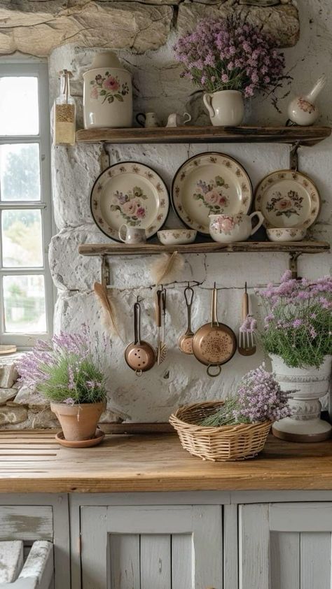 Floral dishes, copper, butcherblock in a cottage kitchen in the countrt. Aesthetic Tiny House, Cottagecore Pink Kitchen, Cottage Core Dollhouse, Cottagecore Kitchen Drawing, Apartment Kitchen Cottagecore, Esthetic House, Vintage Cottagecore Aesthetic, Cottagecore Aesthetic Kitchen Fairy, Magical Spaces