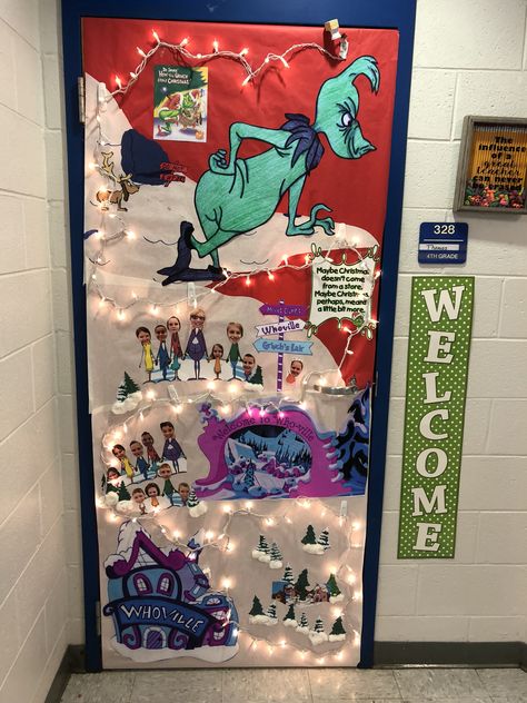 Grinch Themed Christmas Classroom Door, Grinch Preschool Door, Elaborate Christmas Door Decorations, Whoville Window Display, The Grinch Classroom Door Ideas, Christmas Door Decorations The Grinch, Grinch Door Decorations Classroom Whoville, The Grinch School Hall Decorations, Whoville Office Door Decorating Ideas