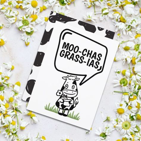 Muchas Gracias Cow Themed Many Thanks Funny Thank You card from #Ricaso - featuring a cow holding a little flower and the words Moo-chas grass-ias a humorous pun themed cow card with black and white spotty cow pattern to the back https://www.zazzle.com/muchas_gracias_cow_themed_many_thanks_funny_thank_you_card-256036360259765866 #cow #thankyou #thankyoucards #manythanks #MuchasGracias #funnypun #pun #funny #humor #cattle #cows #zazzlemade Thanks Funny, Cow Card, Funny Thank You Cards, Funny Thank You, Country Quotes, Ffa, A Cow, Many Thanks, Cow Pattern