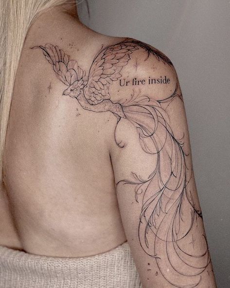 Phoenix Tattoo On Shoulder, Burning Pheonix Tattoo, Pheonix Tattoo For Women Thigh Beautiful, Large Female Tattoos, Phoenix Tattoo Shoulder For Women, Feminine Sleeve Tattoo Ideas For Women, Ornamental Phoenix Tattoo, Arm To Back Tattoo, Phenix Tattoo For Women Arm