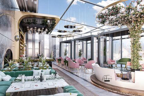 Roof restaurant on Behance Roof Top Restaurant Design, Fantasy Restaurant, Terrace House Interior Design, Restaurant Interior Design Modern, Roof Restaurant, Roof Top Cafe, Luxury Cafe, Luxury Restaurant Interior, Luxury Mediterranean Homes