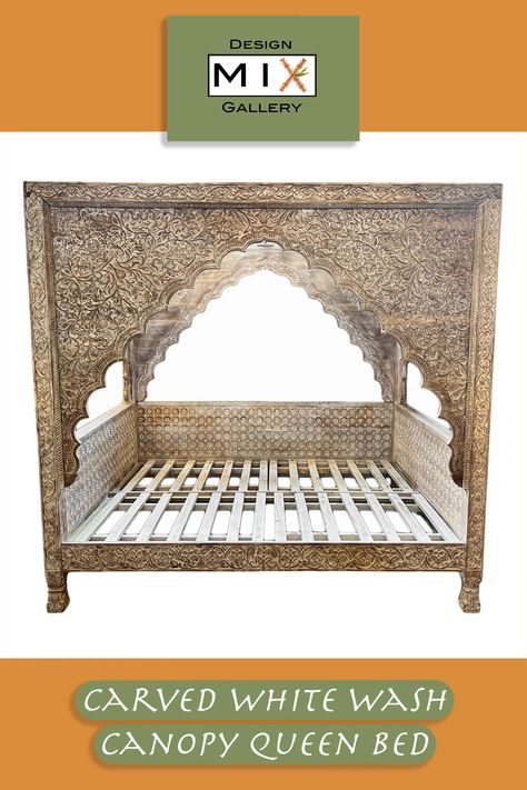 Carved lotus teak wood queen size canopy daybed / bed frame with white washed finish from India. Shop this and more on our website (tap pin or click link on pin) or at our LA showrooms. ✨ #interior #interiors #interiordesign #interiordesigner #interiorinspiration #decor #homeaccents #homeinterior #homestyling #homeaccessories #homedecor #interiorstyling #vogueliving #adstyle #archdigest #luxuryliving #spring #summer #daybed #canopybed #bedframe #bohobed #teakbed Canopy Daybed, Queen Daybed, Carved Bed, Door Bed, Carved Beds, Curved Bed, Daybed Canopy, Indian Room, Daybed Bedding