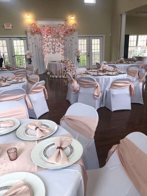 Blush Pink , Rose Gold, and Butterflies Baby Shower | CatchMyParty.com Blush Pink Baby Shower Ideas, Butterfly Quinceanera Theme, Pink Quince Theme, Pink Baby Shower Ideas, Rose Gold Quinceanera, Quince Decor, Blush Pink Baby Shower, Quinceanera Pink, Pink Sweet 16