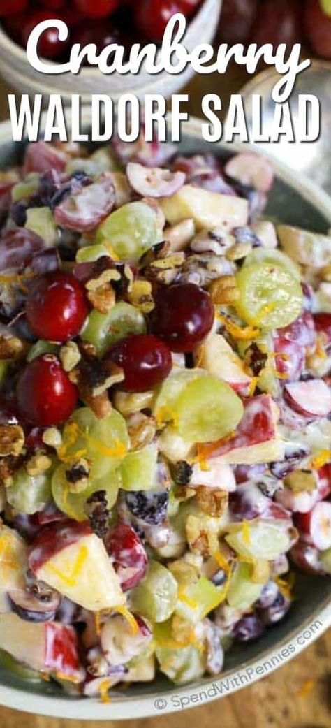 Cranberry Waldorf Salad has crisp apples, juicy grapes and tart cranberries in a sweet yogurt dressing. This is the perfect salad or turkey dinner side dish! #spendwithpennies #waldorfsalad #cranberrywaldorfsalad #holidays #festiveside #sidedish #easyrecipe #easysidedish #thanksgiving #crowdpleaser Cranberry Waldorf Salad, Waldorf Salad Recipe Original, Fruit Salad Thanksgiving, Cranberry Salads, Thanksgiving Jello Salad, Turkey Dinner Side Dishes, Apple Waldorf Salad, Fall Fruit Salad, Grapes Salad