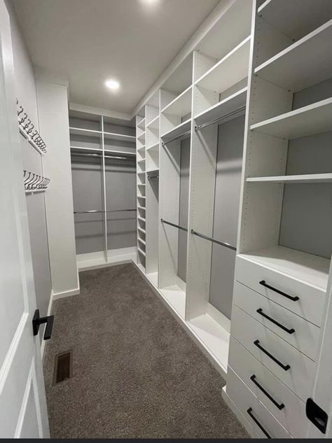 Grey And White Walk In Closet, Tall Closet Ideas, Long Narrow Closet, Small Walkin Closet, Narrow Closet Design, Walkin Closets Design, Walk In Closet Inspiration, Small Closet Design, Master Closet Design