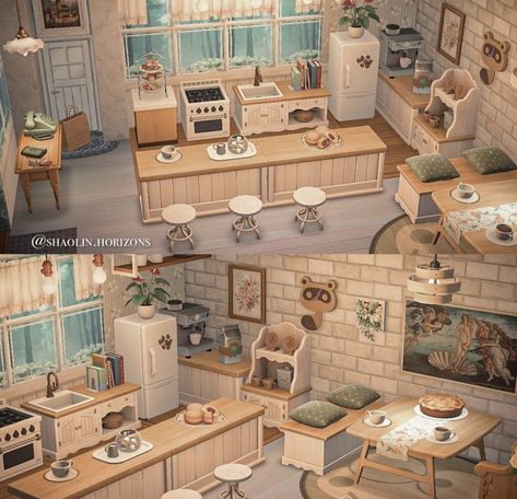 Acnh Cottagecore House, Acnh Wallpaper Designs, Acnh Living Rooms Ideas, Animal Crossing Patterns, Acnh Rooms, Big Kitchen Ideas, Acnh Builds, Misty Woods, Cottagecore House