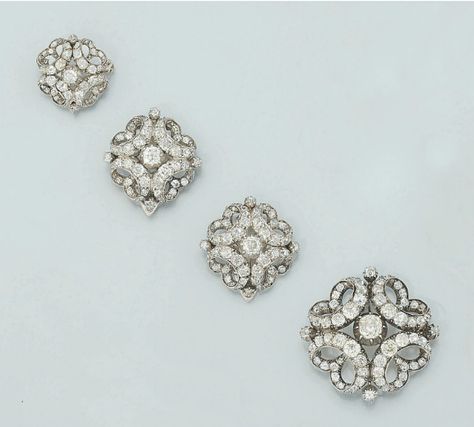 A group of Victorian diamond brooches   Comprising: a brilliant-cut diamond cluster brooch of quatrefoil design with central old brilliant-cut diamond in cut down claw mount within diamond scroll border with diamond accents; and three additional matching graduated brooches (two with clip fittings), circa 1880, formerly from a tiara Diamond Brooches, Jewellery Design Sketches, Fine Diamond Jewelry, Diamond Jewelry Designs, Diamond Brooch, Girls Jewelry, Antique Jewellery, Diamond Cluster, High Jewelry