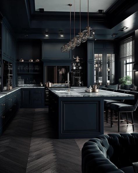 A beautiful navy Manhattan apartment design concepts ✨🖤 We design spaces for clients worldwide, find out more on our website, link in bio! #interiordesign #interior Aesthetic House Kitchen, Modern Dark Kitchen, Dark Home Aesthetic, Dark Blue Houses, Best Kitchen Colors, Navy Interior, Bold Kitchen, Black Interior Design, Condo Kitchen