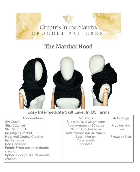 The Matrix Hood, Hood Cowl Pattern, Crochet Patterns Hooded Scarf, Crochet Hood And Cowl, Crochet Dread Wrap Pattern Free, Hood Pattern Crochet, Crochet Hoodie Hat, Crochet Matrix Hood, Crochet Cloak With Hood