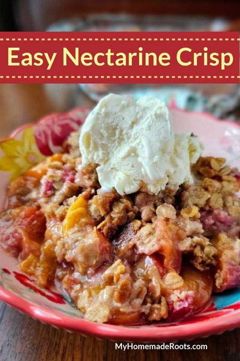 This delicious nectarine crisp recipe is the perfect summer dessert! Juicy nectarines are topped with a sweet and crispy oat crumble, creating a deliciously satisfying dessert that's perfect for any occasion. Serve warm with a scoop of vanilla ice cream for the ultimate dessert experience. Nectarine Crumble Recipe, Recipes Using Nectarines, Nectarine Crisp, Oat Streusel Topping, Nectarine Recipes, Crisp Recipes, Simple Desserts, Vegan Ice Cream Recipe, Oat Crumble