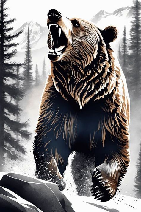 Roaring Bear Tattoo, Roaring Grizzly Bear, Grizzly Bear Drawing, Grizzly Bear Art, Bear Lake Idaho, Grizzly Bear Tattoos, Roaring Bear, Cubs Tattoo, Bear Tattoo Designs