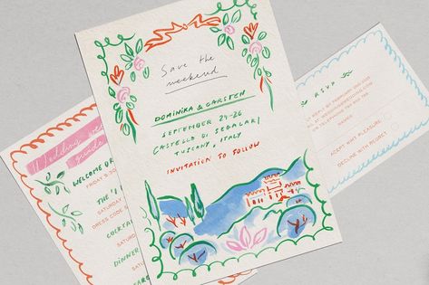 Custom Illustrated Wedding Invitations, Watercolour Wedding, Illustrated Wedding Invitations, 강아지 그림, Invitation Fonts, Hand Painted Wedding, 카드 디자인, Stationery Inspiration, Custom Wedding Stationery