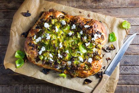 Brussels Sprout Pizza with Balsamic Caramelized Onions and Goat Cheese Brussels Sprout, Delicious Pizza, Red Onions, Milk Recipes, Dinner Tonight, Caramelized Onions, Goat Cheese, Brussel Sprouts, Golden Brown