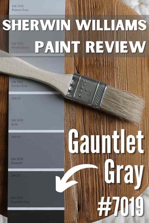 Sherwin Williams Gauntlet Gray is a moody warm gray with subtle undertones. Explore SW 7019 and color pairings see pics in 19 homes to decide if it's the right paint color for your own home! #paintreview #paintstudy #sherwinwilliams #gauntletgray #sherwinwilliamsgauntletgray #paintcolor #gauntletgraylivingroom #gauntletgraycabinets #gauntletgrayaccentwall #gauntletgrayexterior #gauntletgraybathroom #gauntletgraybedroom #gauntletgraykitchen Gauntlet Gray Color Scheme, Gauntlet Gray Sherwin Williams Bedroom, Dovetail Vs Gauntlet Gray, Sw Gauntlet Gray Cabinets, Sherwin Williams Gauntlet Gray Cabinets, Steely Gray Sherwin Williams Exterior, Gauntlet Gray Sherwin Williams Cabinets, Gauntlet Gray Bathroom, Sherwin Williams Gauntlet Gray Exterior