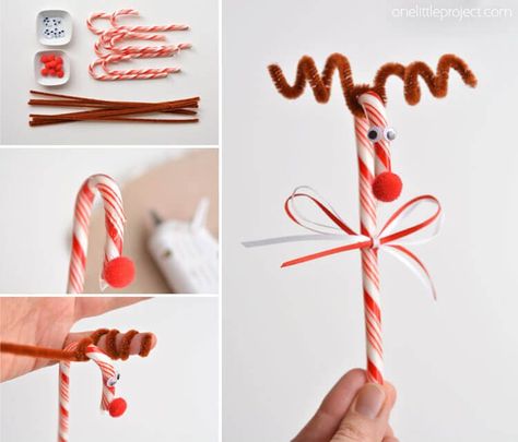 candy-cane-reindeer Christmas Crafts Diy Kids, Christmas Kids Crafts, Candy Cane Reindeer, Candy Cane Crafts, Candy Cane Decorations, Easy Holidays Crafts, Reindeer Craft, Candy Crafts, Navidad Diy