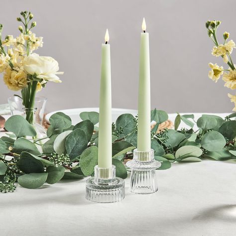 Open Box Infinity Wick Pastel Green 9" Taper Candles Set of 2 | Open Box | Decor Pastel Green Decorations Party, Green Candle Sticks, Sage Green Candle, Sage Green Candles, Otter Wedding, Taper Candle Centerpiece, Green Pillar Candles, Sweet 16 Candles, Brunch Tablescape