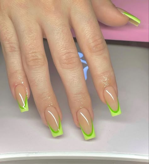 Green Tip Nails, Gel Nails Long, Green Acrylic Nails, French Acrylic Nails, Neon Nails, Fire Nails, Funky Nails, Pretty Acrylic Nails, Chic Nails