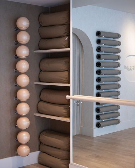 nue|ground wellness studio (@nuegroundstudio) • Instagram photos and videos Pilates Props Storage, Yoga Studio Shelves, Yoga Studio Prop Storage, Yoga Studio Storage, Chin Stand, Wellness Decor, Studio Aesthetics, Dance Studio Design, Bold Interior Design