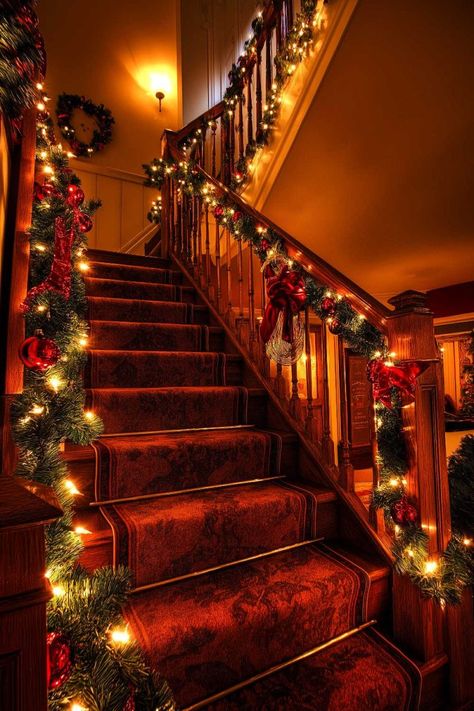 Christmas Staircase Decor (17) Warm Christmas Decor Ideas, Christmas Decor Ideas For Staircase, Stair Way Wall Decor Ideas, Christmas Staircase Decor Banisters, Christmas Staircase Decor Railings, Stairs Garland, Christmas Archway, Foto Scale, Christmas Garland Staircase